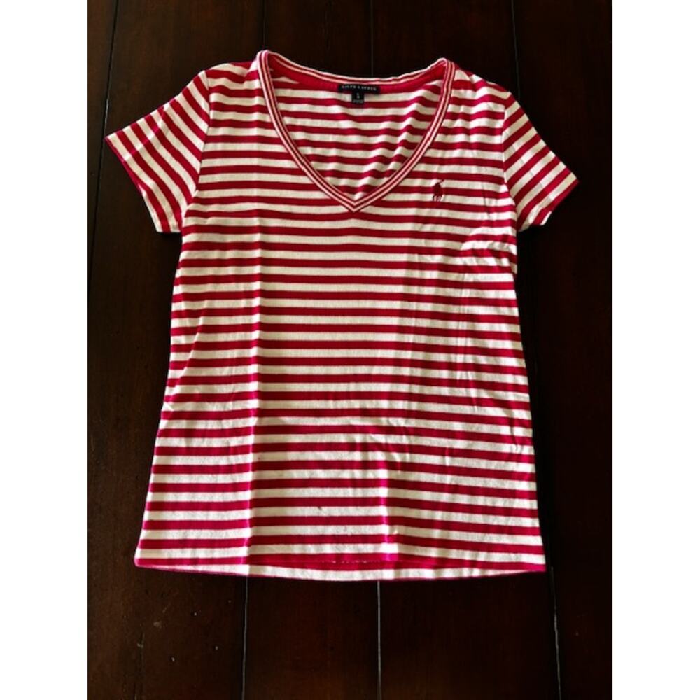 Ralph Lauren Size Large Short Sleeve Cotton V-Neck Short Sleeve Top Pink & White